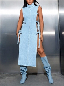 Robe Midi en Denim Sans Manches à Col Montant Femme Sexy Avec Lacets Latéraux Bleu Clair Délavé Streetwear Mode Robe Denim