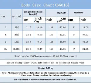 Tableau des tailles détaillé pour shorts en jean imprimés femmes, mesures de S à XL
