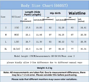 Guide des tailles détaillé pour short en jean taille haute avec mesures S-XL en cm et pouces
