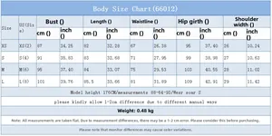 Detailed body size chart for sleeveless denim dress with US and CM measurements