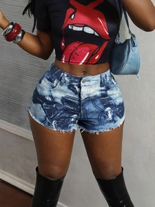 Short en Jean Sexy Tie Dye Femme Ourlet Effiloché Taille Moyenne Coupe Ajustée Été Streetwear Short Jean Bleu Imprimé Marbré