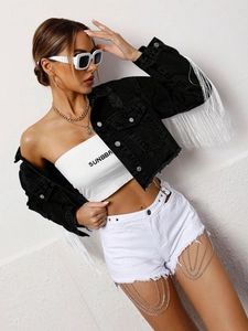 Fashionable black cropped denim jacket for women featuring stylish white long sleeve tassels