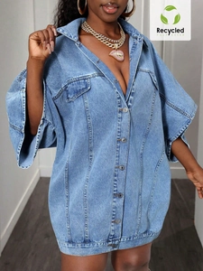 Oversized medium blue wash denim vest jacket with recycled polyester fabric