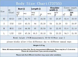 Detailed body size chart for women's letter print long sleeve jacket showing XS-L measurements