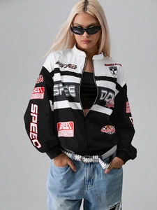 Racing style black and white contrast bomber jacket with vintage speed club prints