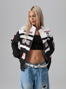 Women's racing style jacket in black and white with Speed Club letter prints