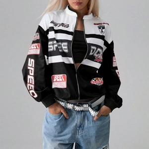 Close-up of retro racing jacket featuring high speed letter prints and color blocking
