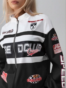 Racing style black and white color block jacket with vintage motor sport prints