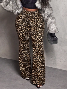 Jeans Patte d'éléphant à Imprimé Léopard Taille Haute pour Femmes Pantalon en Denim Stretch Coupe Ajustée Mode Casual