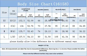 Size guide for printed strapless denim jumpsuit including bust and length measurements