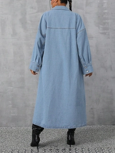 Long light blue denim trench coat for women with loose oversized fit and back yoke detail