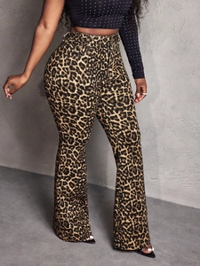 Pantalon léopard femme à taille haute, coupe évasée slim en tissu extensible