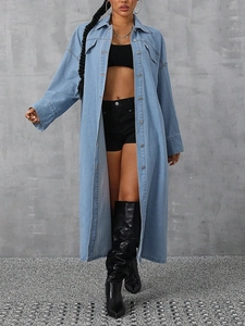 Women's light blue oversized long denim trench coat with pockets and metal buttons