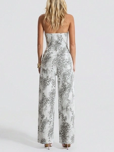 Women's leopard print strapless jumpsuit with wide-leg trousers and back pockets