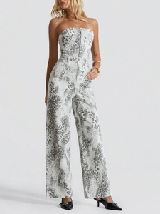 Women's strapless leopard print denim jumpsuit with a wide-leg cut and cinched waist