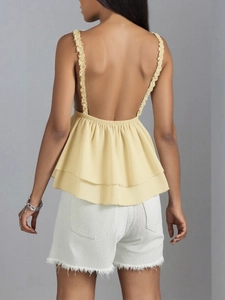 Top caraco dos nu en dentelle jaune sexy et ensemble short en jean blanc pour femmes
