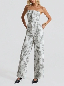 Women's tube top strapless jumpsuit with grey leopard print and wide leg denim design