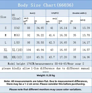Detailed size chart for V-neck sleeveless denim vest top with US sizes S to XXL specs