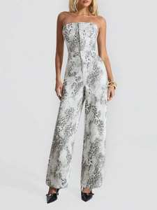 Women Leopard Print Strapless Denim Jumpsuit High Waist Wide Leg Romper Sexy One Piece Long Pants Casual Commuter Style