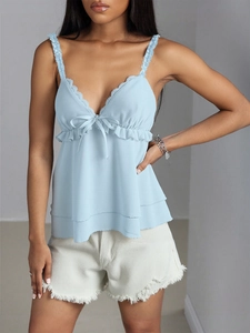 Camisole Sexy en Dentelle pour Femmes avec Nœud et Volants Col en V Débardeur en Mousseline Dos Nu Sans Manches Slim Fit Gilet de Plage d'Été Fête