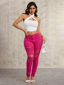 Women Ripped Skinny Jeans Hot Pink Mid Waist Distressed Slim Fit Denim Trousers Frayed Hem Stretchy Pencil Pants