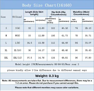 Guide des tailles détaillé pour mini-jupe en jean avec mesures de S à XXL en cm et pouces