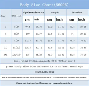 Size chart for women's denim shorts showing hip, length, and waist dimensions in cm and inch