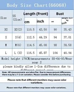 Detailed body size chart for the V-neck denim long dress including XS to L measurements