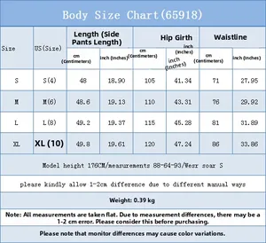 Size guide for women ripped denim shorts showing length, hip and waist measurements in cm and inches