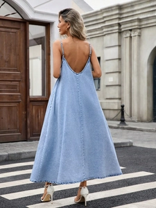 Light blue denim maxi dress with V-neck, thin straps and low back design for summer