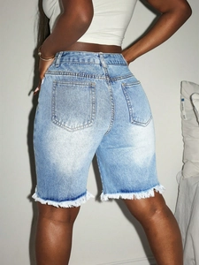 Women's light blue high waist denim bermuda shorts with ripped frayed hem details back view