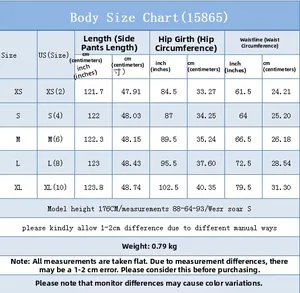 Detailed body size chart for women's cargo denim pants with metric and imperial units