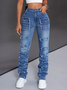 Women's High Waist Distressed Cargo Stacked Jeans Washed Blue Denim Pants Multi Pockets Streetwear Slim Fit Long Trousers