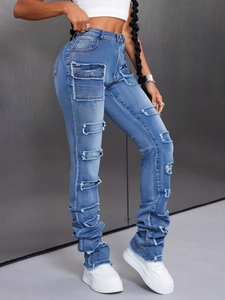 Women high waisted blue washed stacked jeans with cargo pockets and distressed details