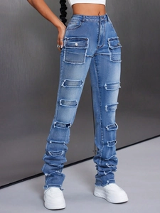 High waist light blue slim fit cargo jeans with distressed holes and stacked hem style