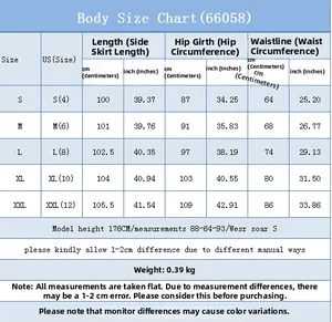 Detailed size guide for women's irregular denim skirt showing waist and hip measurements