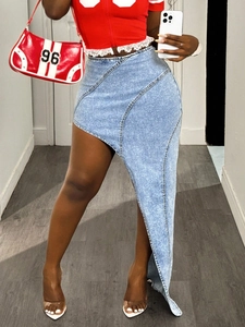 Asymmetrical light blue denim midi skirt with frayed hem and stylish high waist cut