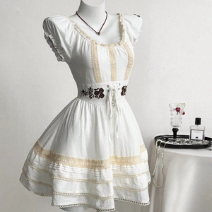 Detail of the vintage puff sleeve dress showing lace trim and rose embroidery corset