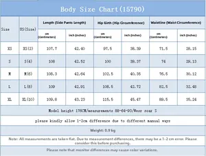 Detailed women wide-leg jeans size chart with XS-XL measurements in cm and inches