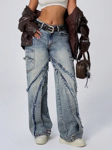 Women Casual Denim Jeans Frayed Patchwork Design Loose Wide Leg Cargo Washed Cotton Blend Denim Long Trousers Blue Streetwear