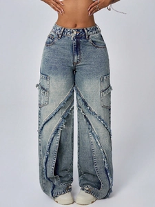 High waist wide leg dark blue washed denim jeans with raw edge patchwork design