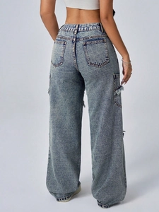 Women's high waist wide leg denim trousers with cargo pockets and raw edge detailing