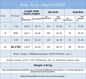 Detailed size chart for women's denim trousers with measurements in centimeters and inches