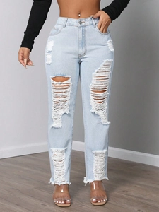 Jeans Strappati a Vita Alta da Donna Blu Chiaro Pantaloni in Denim a Gamba Dritta Con Orlo Sfilacciato Streetwear Casual
