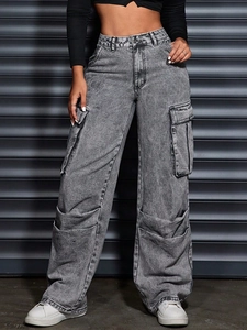 Women's High Waist Cargo Jeans Grey Snow Wash Wide Leg Denim Trousers With Multi Pockets Vintage Streetwear Casual Pants