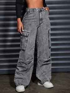 Women's high waist grey washed denim cargo pants with large flap side pockets