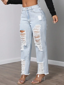 Jeans dritti azzurri a vita alta con dettagli strappati e bordi a taglio vivo
