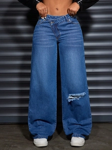 Jean Large Déchiré à Taille Haute pour Femme Taille Croisée Asymétrique Pantalon en Denim Distressed Mode Streetwear Pantalon Long