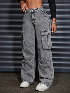 Women's high waist wide leg cargo jeans in grey acid wash with large utility pockets