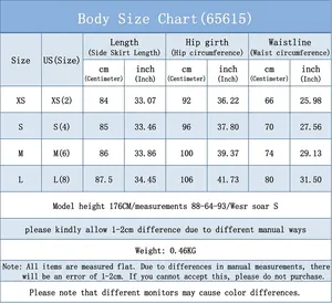 Detailed body size chart for irregular split denim maxi skirt with CM and INCH measurements